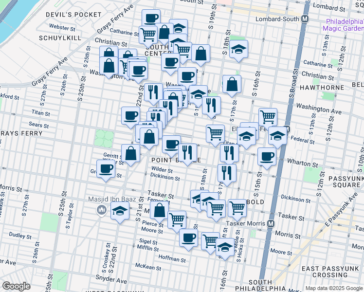 map of restaurants, bars, coffee shops, grocery stores, and more near 1306 South Garnet Street in Philadelphia