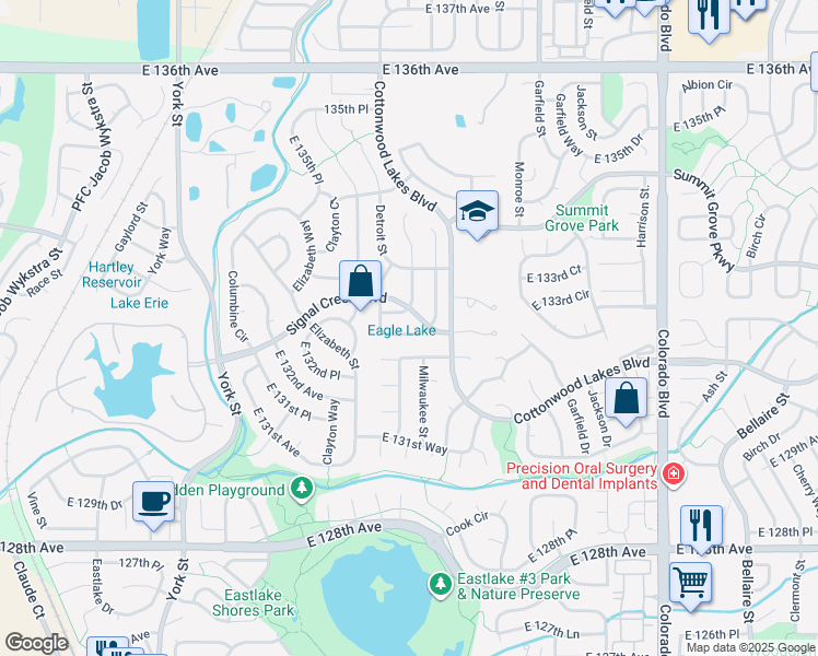 map of restaurants, bars, coffee shops, grocery stores, and more near 3024 East 133rd Circle in Thornton