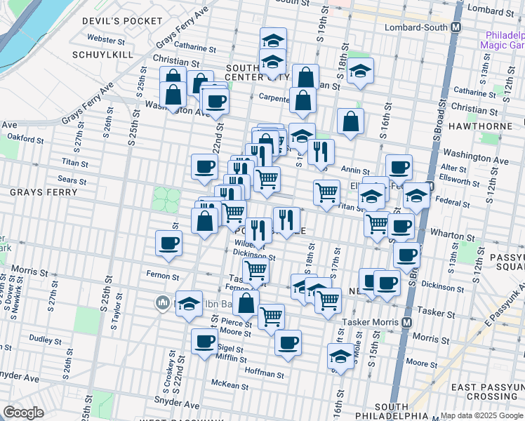 map of restaurants, bars, coffee shops, grocery stores, and more near 1310 South 20th Street in Philadelphia