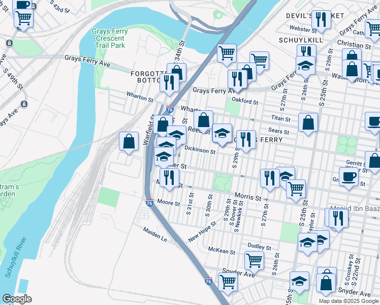 map of restaurants, bars, coffee shops, grocery stores, and more near 1508 South Napa Street in Philadelphia
