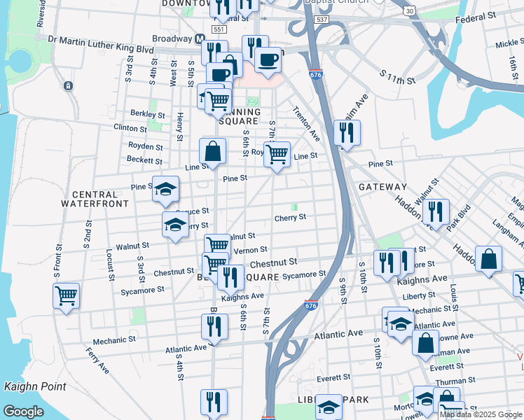 map of restaurants, bars, coffee shops, grocery stores, and more near 614a Cherry Street in Camden