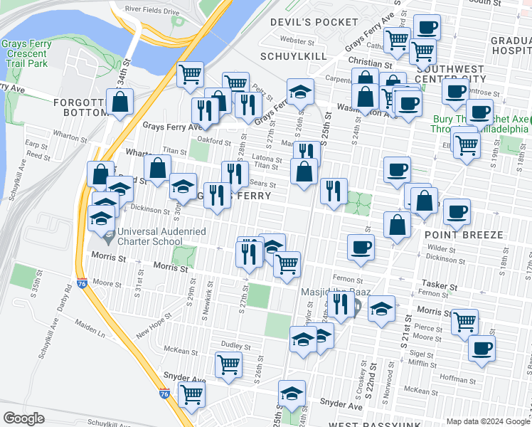 map of restaurants, bars, coffee shops, grocery stores, and more near 2640 Gerritt Street in Philadelphia