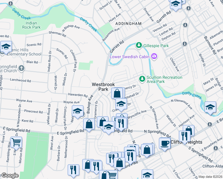 map of restaurants, bars, coffee shops, grocery stores, and more near 329 Westpark Lane in Clifton Heights