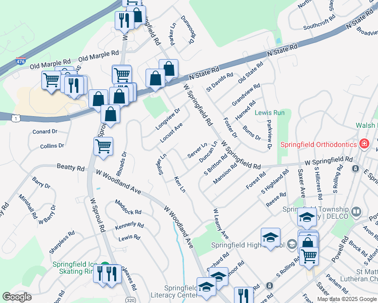 map of restaurants, bars, coffee shops, grocery stores, and more near 54 Server Lane in Springfield