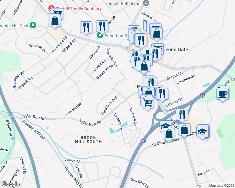 map of restaurants, bars, coffee shops, grocery stores, and more near 390 Hill N Dale Drive South in York