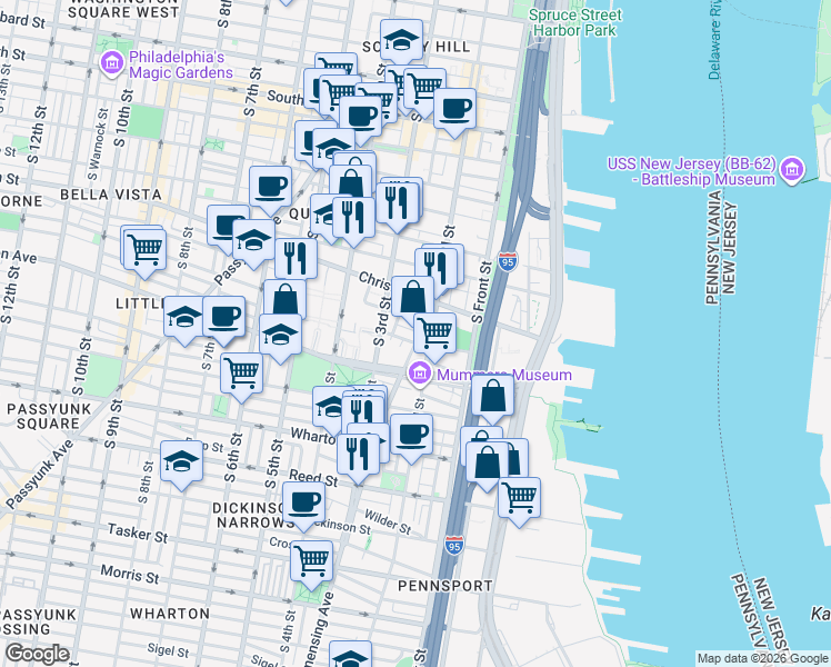 map of restaurants, bars, coffee shops, grocery stores, and more near 1011 South 2nd Street in Philadelphia