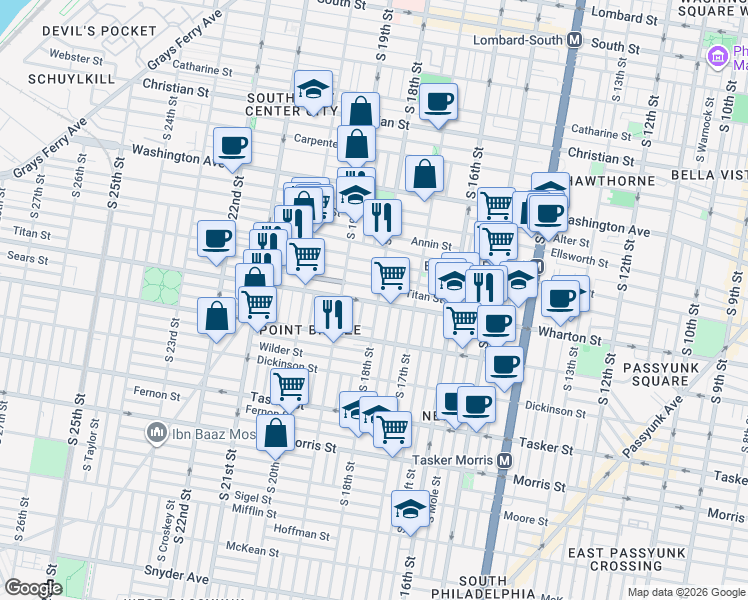 map of restaurants, bars, coffee shops, grocery stores, and more near 1317 South 18th Street in Philadelphia