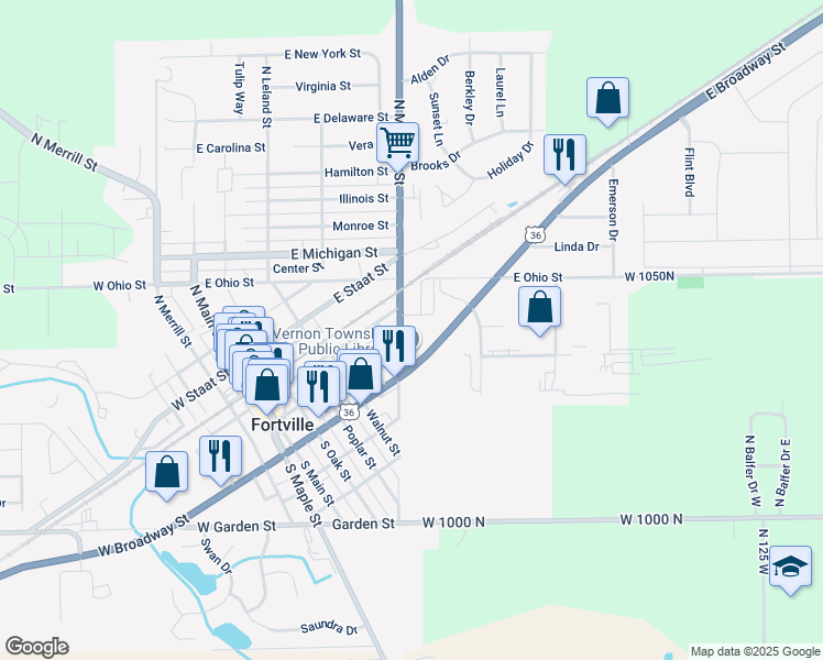map of restaurants, bars, coffee shops, grocery stores, and more near 215 South Madison Street in Fortville