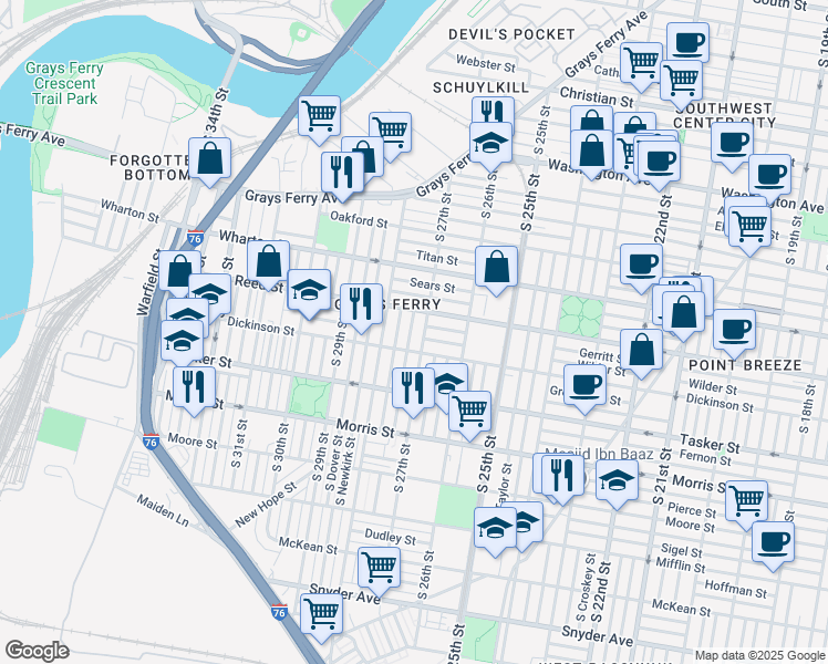 map of restaurants, bars, coffee shops, grocery stores, and more near 1429 South Etting Street in Philadelphia