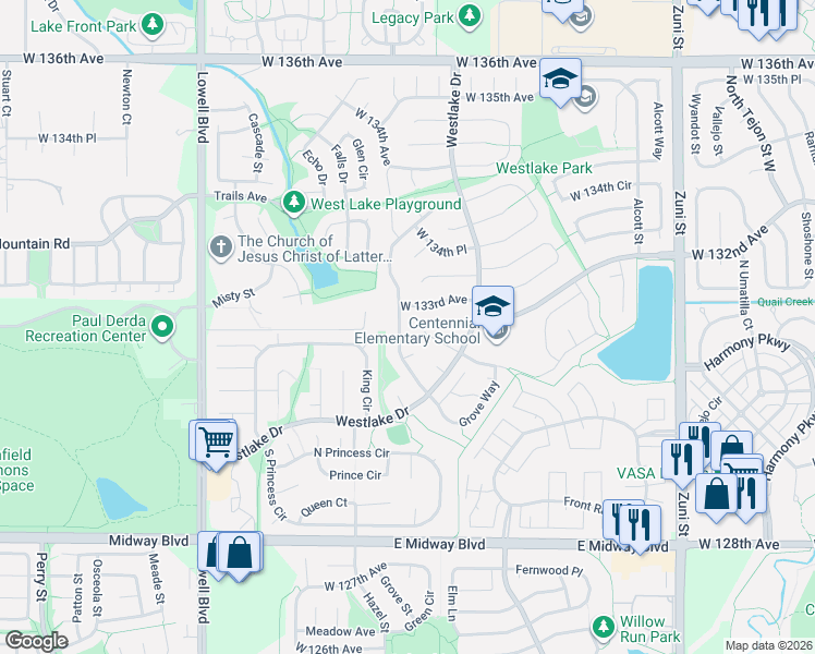map of restaurants, bars, coffee shops, grocery stores, and more near 13145 Grove Way in Broomfield
