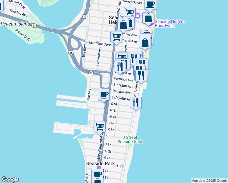 map of restaurants, bars, coffee shops, grocery stores, and more near 81 Lafayette Avenue in Seaside Park