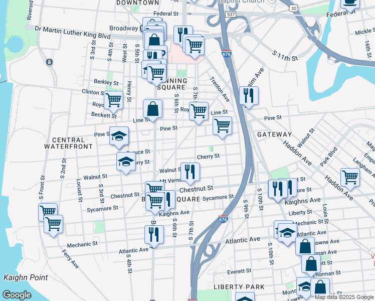 map of restaurants, bars, coffee shops, grocery stores, and more near 614a Cherry Street in Camden