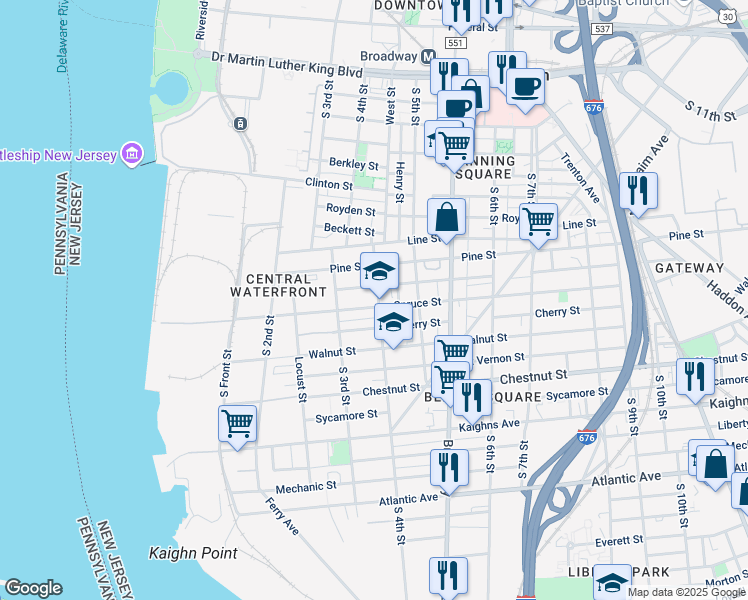 map of restaurants, bars, coffee shops, grocery stores, and more near 338 Spruce Street in Camden