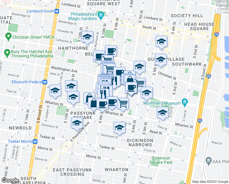 map of restaurants, bars, coffee shops, grocery stores, and more near 1151 East Passyunk Avenue in Philadelphia