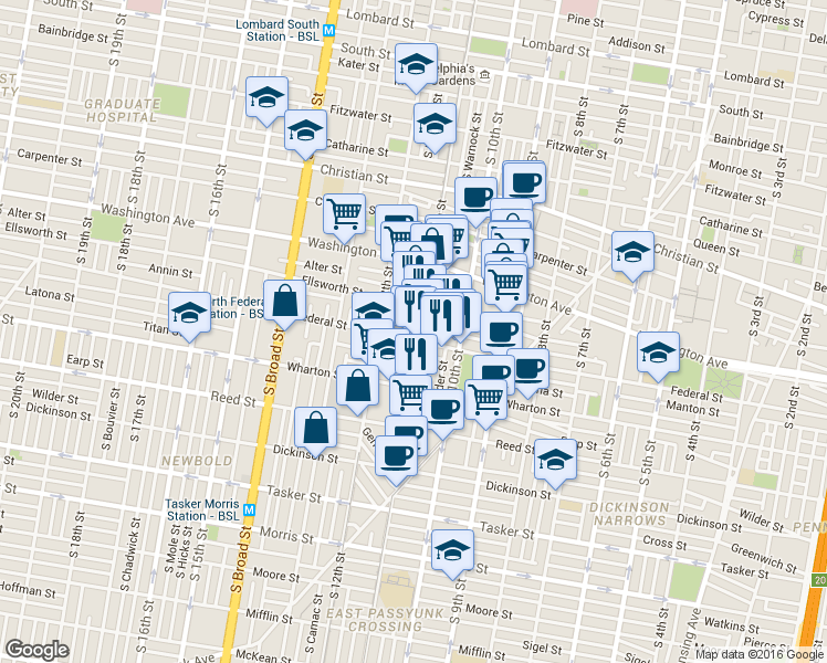 map of restaurants, bars, coffee shops, grocery stores, and more near in Philadelphia