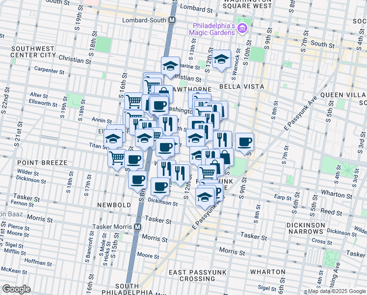 map of restaurants, bars, coffee shops, grocery stores, and more near 1221 South 13th Street in Philadelphia