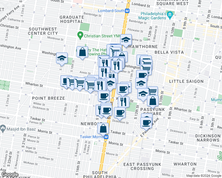 map of restaurants, bars, coffee shops, grocery stores, and more near 1240 South Broad Street in Philadelphia