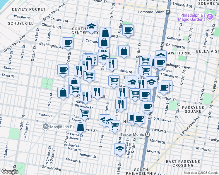 map of restaurants, bars, coffee shops, grocery stores, and more near 1317 South 18th Street in Philadelphia