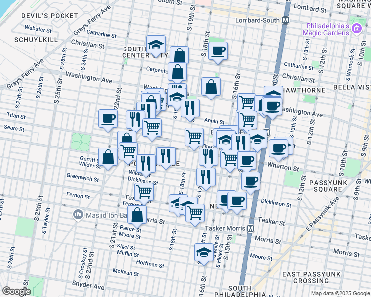 map of restaurants, bars, coffee shops, grocery stores, and more near 1254 South 18th Street in Philadelphia