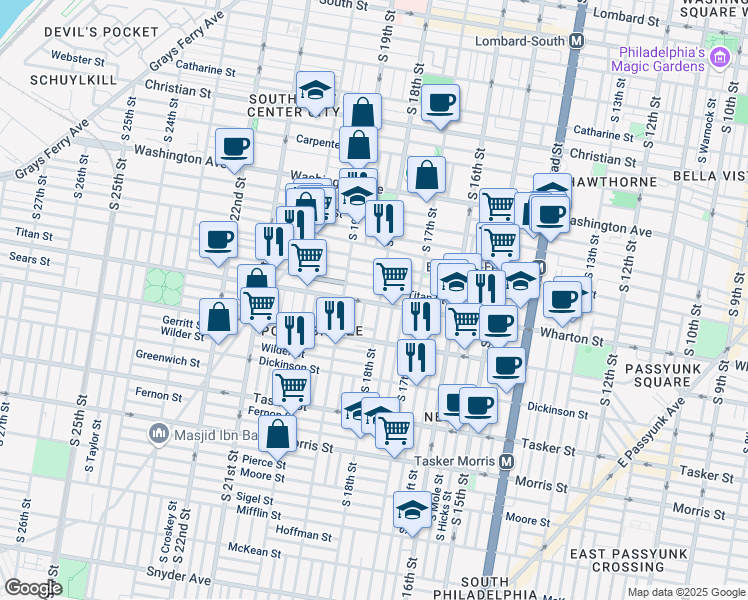 map of restaurants, bars, coffee shops, grocery stores, and more near 1317 South 18th Street in Philadelphia