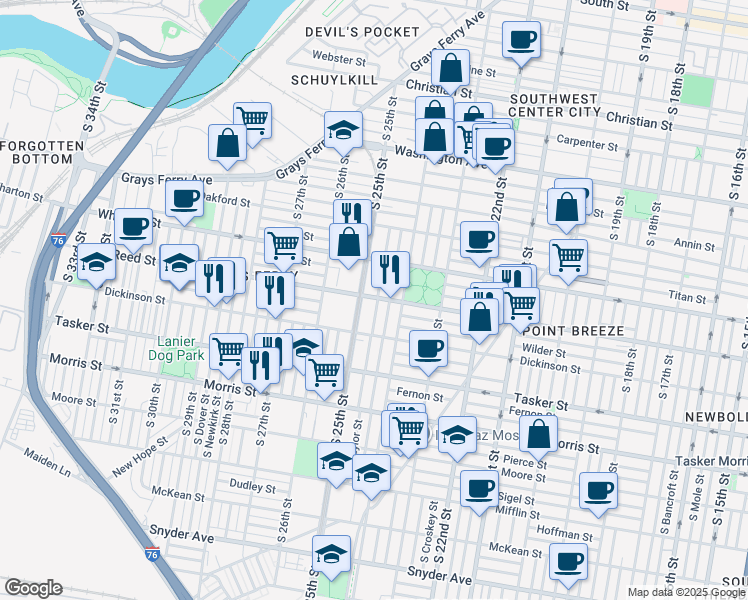 map of restaurants, bars, coffee shops, grocery stores, and more near 1455 South 25th Street in Philadelphia