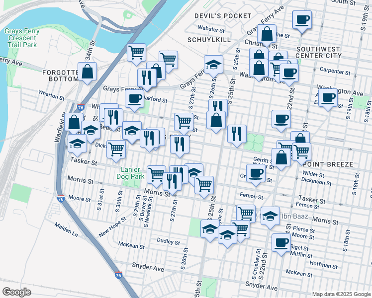map of restaurants, bars, coffee shops, grocery stores, and more near 2641 Dickinson Street in Philadelphia