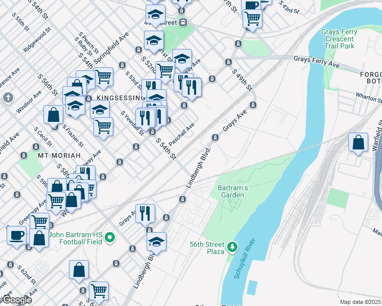 map of restaurants, bars, coffee shops, grocery stores, and more near 5316 Glenmore Avenue in Philadelphia