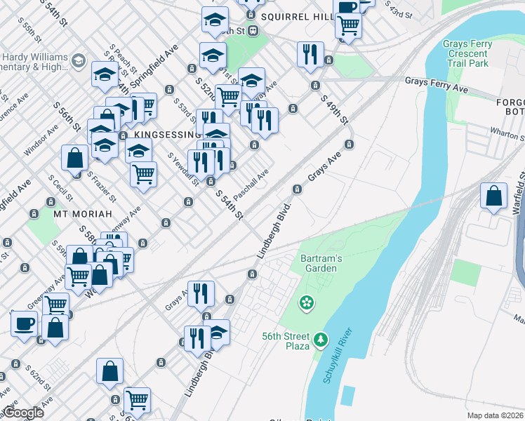 map of restaurants, bars, coffee shops, grocery stores, and more near 5343 Grays Avenue in Philadelphia