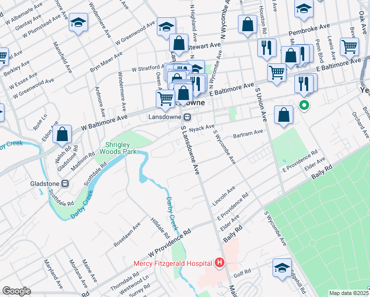 map of restaurants, bars, coffee shops, grocery stores, and more near 100 South Lansdowne Avenue in Lansdowne