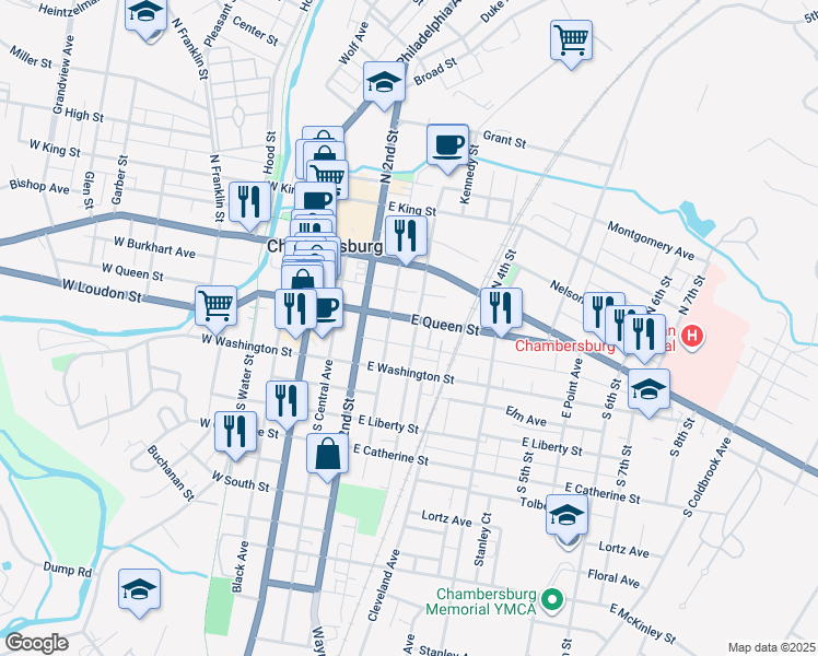 map of restaurants, bars, coffee shops, grocery stores, and more near 151 South 3rd Street in Chambersburg