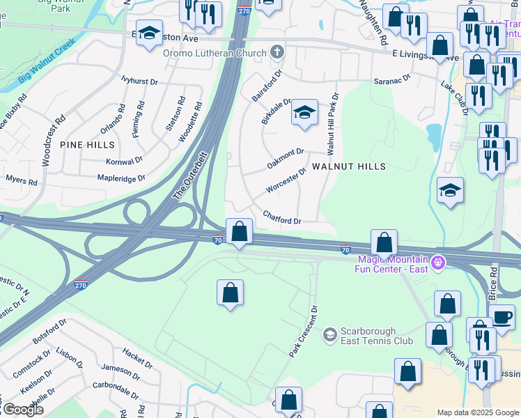 map of restaurants, bars, coffee shops, grocery stores, and more near 5551 Chatford Drive in Columbus