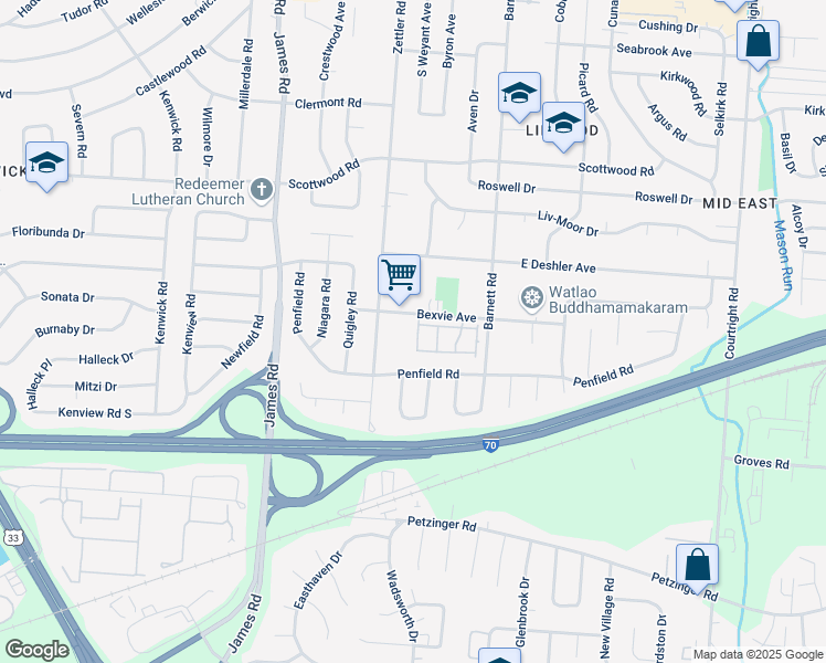 map of restaurants, bars, coffee shops, grocery stores, and more near 3163 Marion Place in Columbus