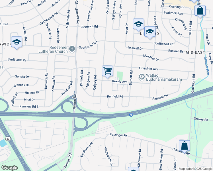 map of restaurants, bars, coffee shops, grocery stores, and more near 3411 Bexvie Avenue in Columbus