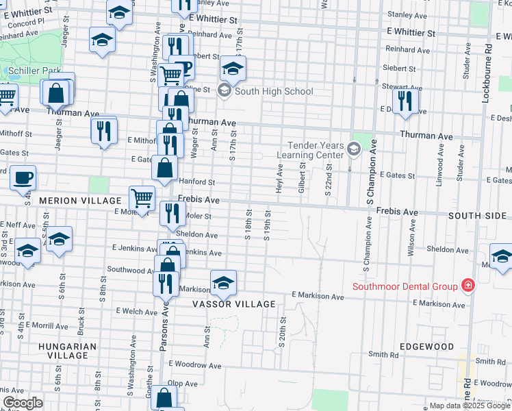 map of restaurants, bars, coffee shops, grocery stores, and more near 652 East Moler Street in Columbus