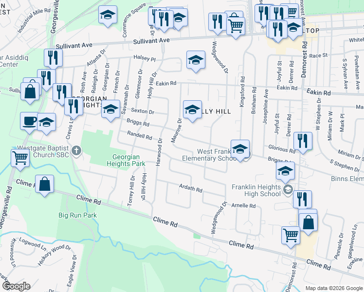 map of restaurants, bars, coffee shops, grocery stores, and more near 907 Maurine Drive in Columbus