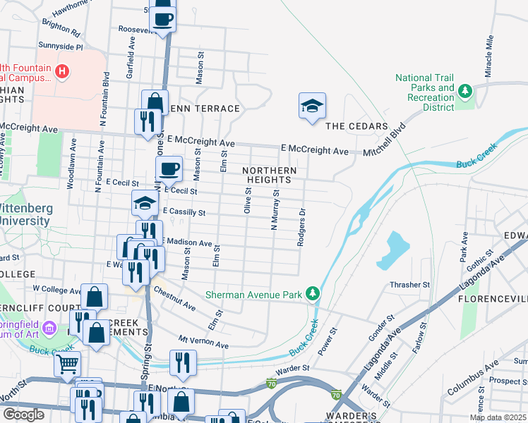 map of restaurants, bars, coffee shops, grocery stores, and more near 611 East Cassilly Street in Springfield