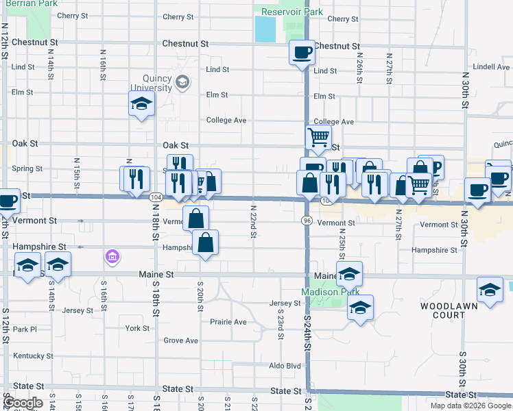 map of restaurants, bars, coffee shops, grocery stores, and more near 2071 Vermont Street in Quincy