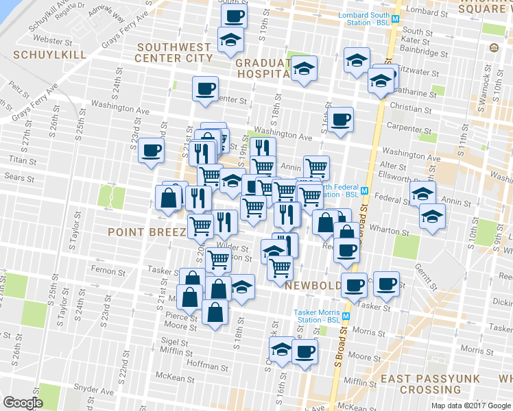 map of restaurants, bars, coffee shops, grocery stores, and more near 1254 South 18th Street in Philadelphia