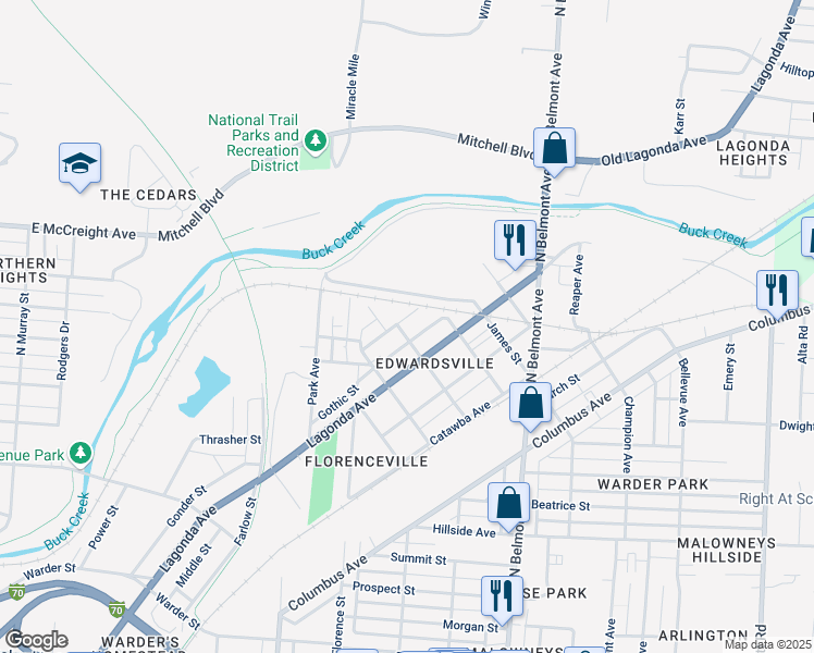 map of restaurants, bars, coffee shops, grocery stores, and more near 1575 Oakland Avenue in Springfield