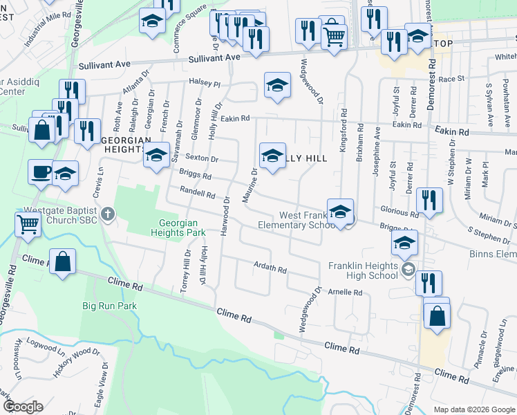map of restaurants, bars, coffee shops, grocery stores, and more near 907 Maurine Drive in Columbus