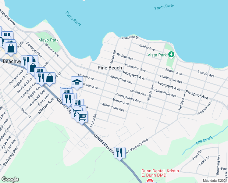 map of restaurants, bars, coffee shops, grocery stores, and more near 320 Pennsylvania Avenue in Pine Beach