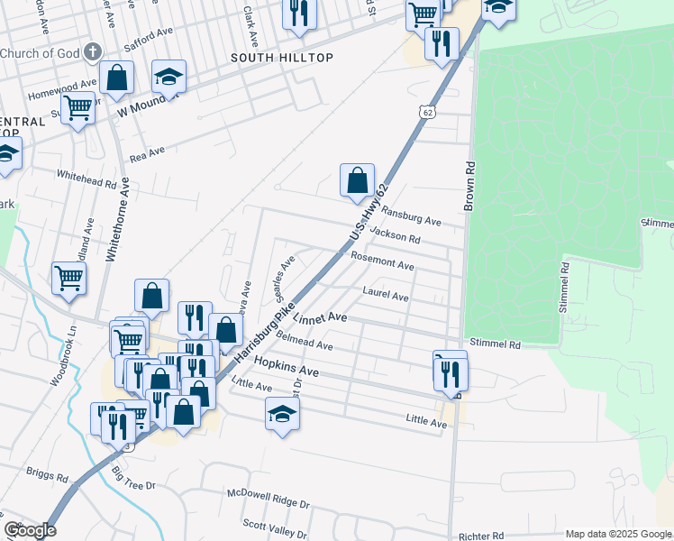 map of restaurants, bars, coffee shops, grocery stores, and more near 1070 Harrisburg Pike in Columbus
