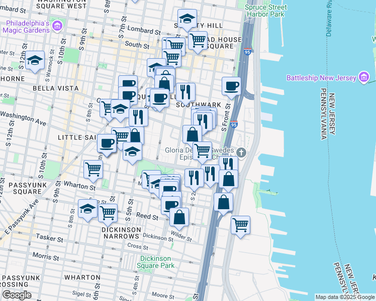 map of restaurants, bars, coffee shops, grocery stores, and more near 213 Carpenter Street in Philadelphia