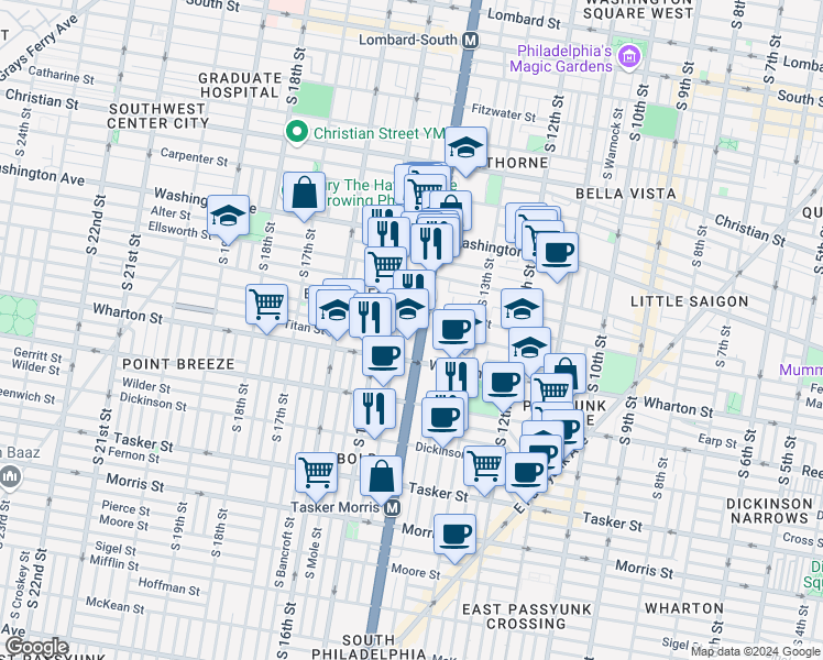 map of restaurants, bars, coffee shops, grocery stores, and more near 1216 South Broad Street in Philadelphia