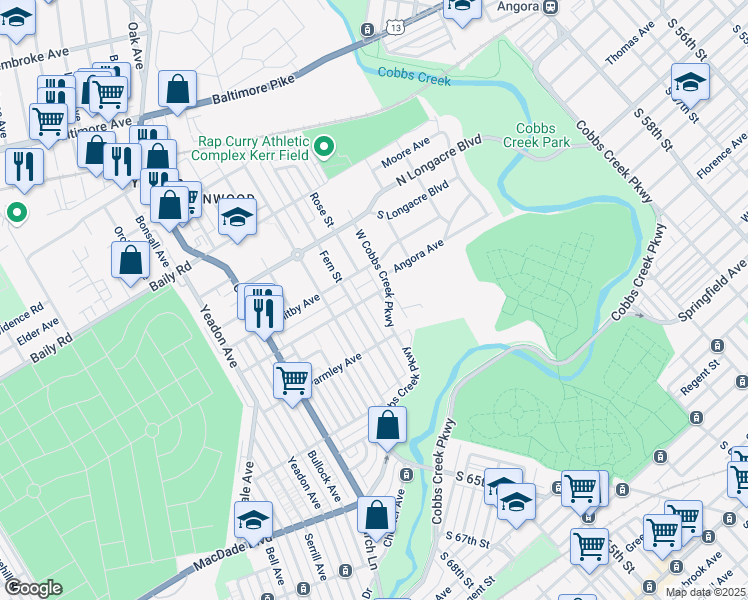map of restaurants, bars, coffee shops, grocery stores, and more near 724 West Cobbs Creek Parkway in Yeadon