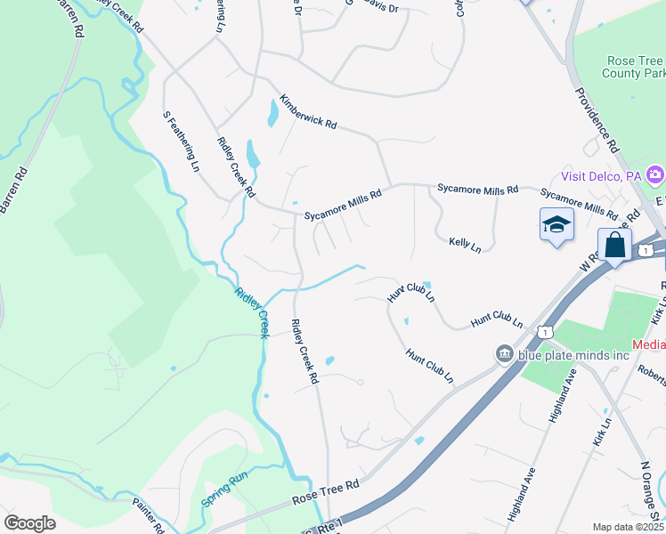 map of restaurants, bars, coffee shops, grocery stores, and more near 440 Sycamore Mills Road in Media