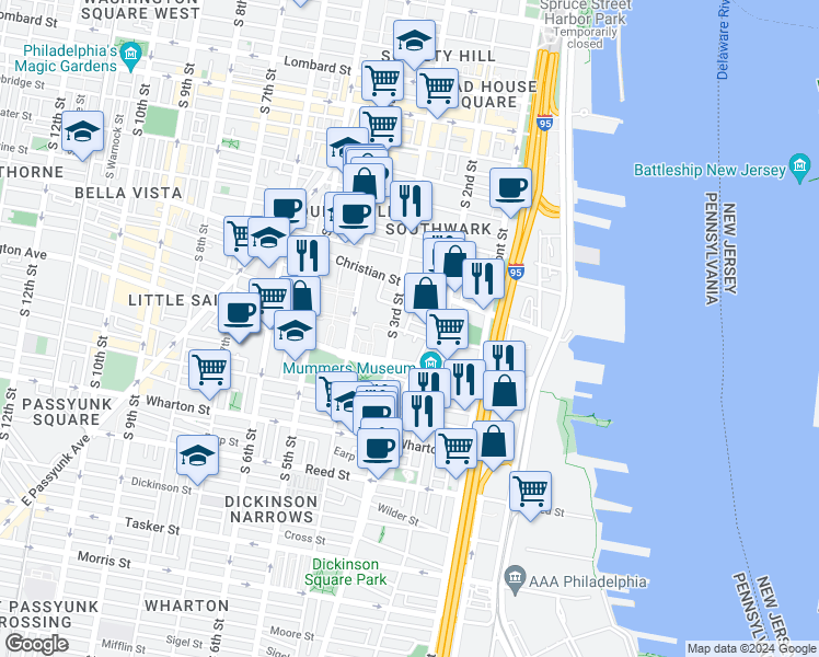 map of restaurants, bars, coffee shops, grocery stores, and more near 223 Carpenter Street in Philadelphia