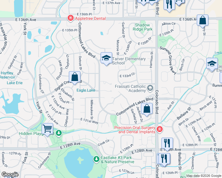 map of restaurants, bars, coffee shops, grocery stores, and more near 3158 East 133rd Avenue in Thornton