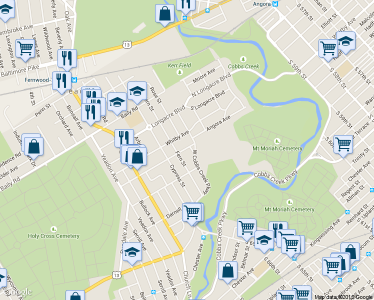map of restaurants, bars, coffee shops, grocery stores, and more near 724 West Cobbs Creek Parkway in Yeadon