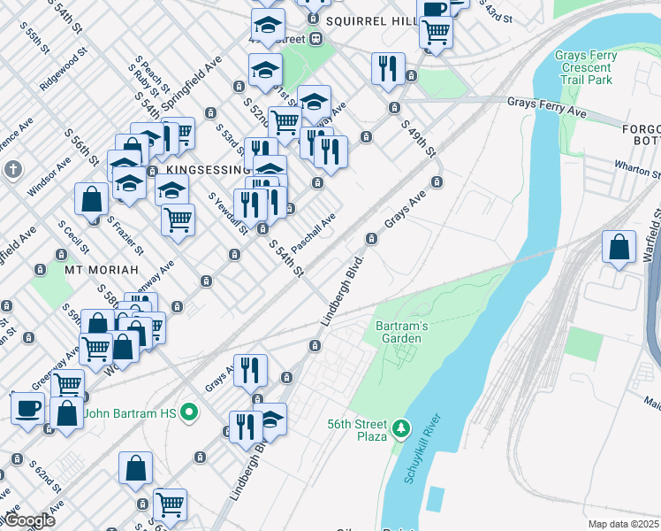 map of restaurants, bars, coffee shops, grocery stores, and more near 5314 Glenmore Avenue in Philadelphia